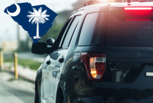 Image is of a cop car with lights flashing on side of road with an image of South Carolina state, concept of the new DUI laws in 2024 for South Carolina
