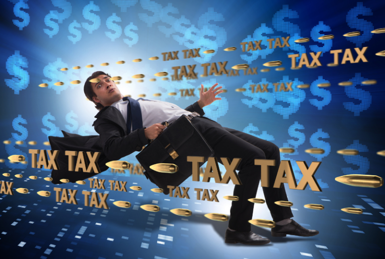 Image is of a man bending backwards to avoid taxes, concept of tax evasion vs tax avoindance.