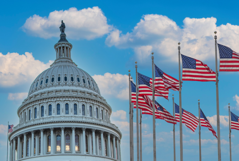 Image is of several American flags outside of the United States Capitol building, concept of federal crimes defense