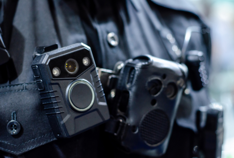 Image is of a body camera on the vest of a police officer, concept of body cameras and police misconduct in criminal defense cases