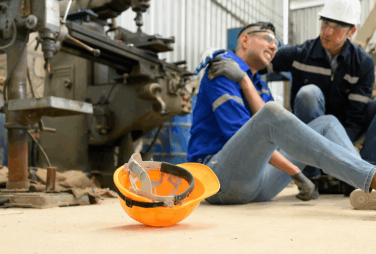 Image is of a worker in a factory setting sitting on the ground grabbing at his arm in pain and another person is attending to him, concept of common workplace injuries in South Carolina