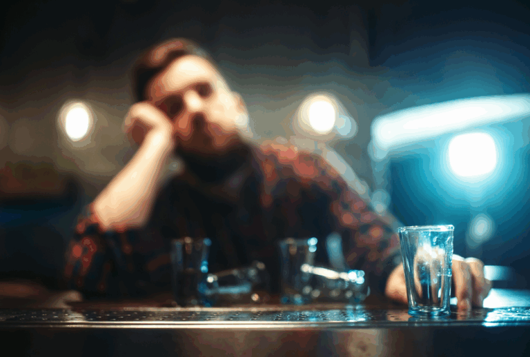 Image is of a drunk man sitting at a bar with his head on his hand, with empty glasses of alcohol near him, concept of DUI charges and myths about them