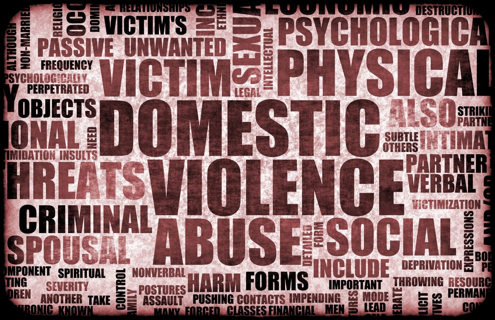 Image is of a word cloud highlighting terms related to abuse and legal consequences, concept of understanding domestic violence charges in court.