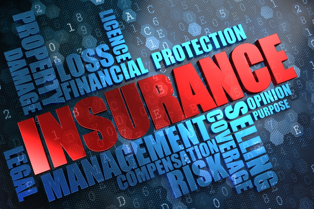 Image is of an insurance themed graphic with words related to coverage and financial protection, concept of insurance issues after a motorcycle crash