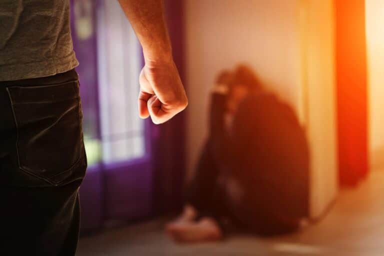 Image shows a man with a clenched fist standing over a terrified person on the floor, illustrating the severity of domestic violence offenses in South Carolina.