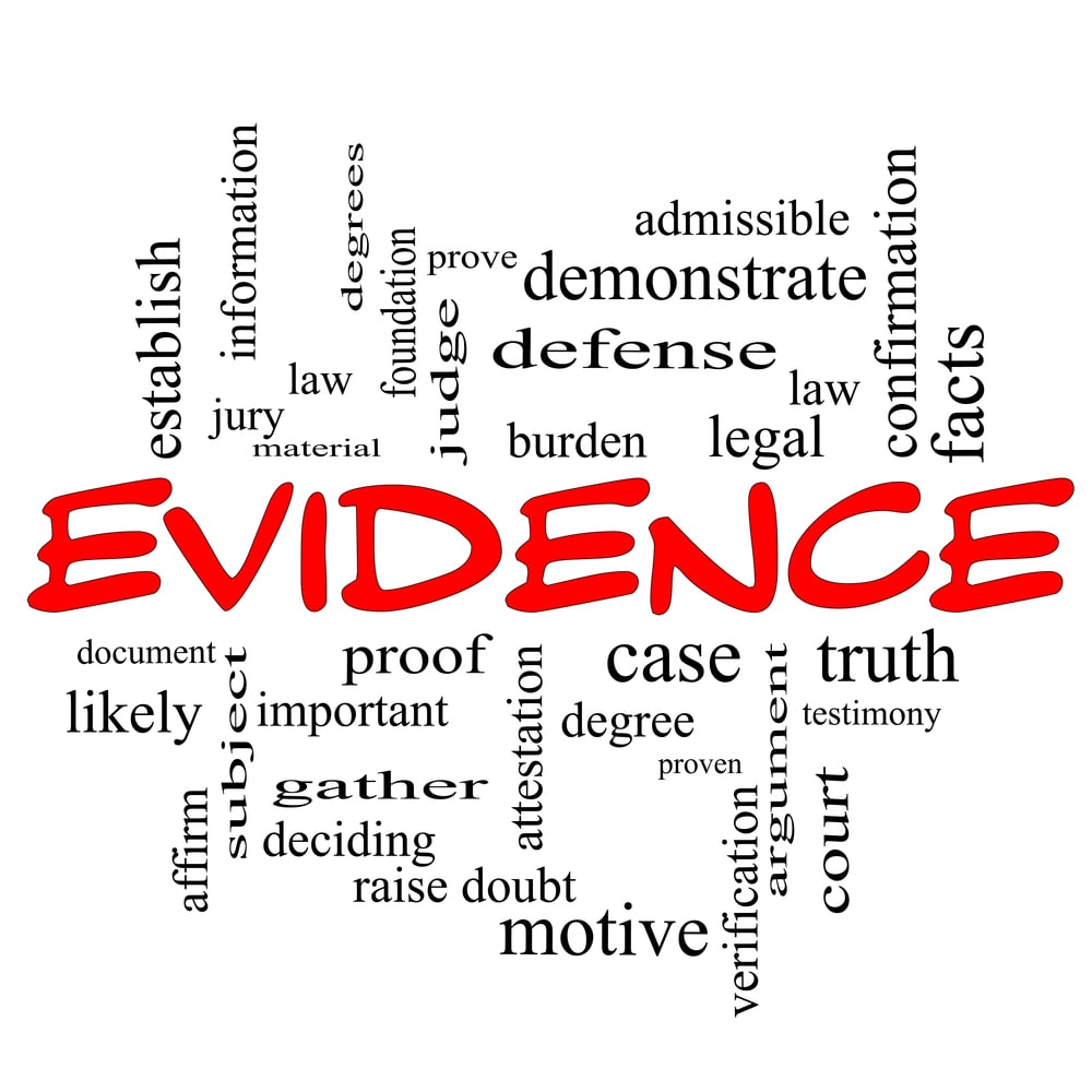 Image shows a word cloud centered around the word evidence representing the types of proof used when determining fault in a bike accident claim.