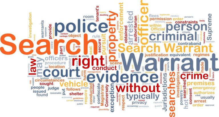 Image is of a word cloud highlighting search warrants, evidence, and police authority, illustrating legal principles involved in South Carolina drug cases.