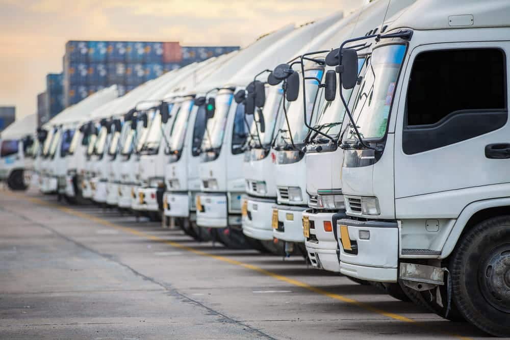 Image is of multiple commercial trucks parked in a fleet yard, showing trucking operations connected to claims and how to sue a trucking company following an accident.
