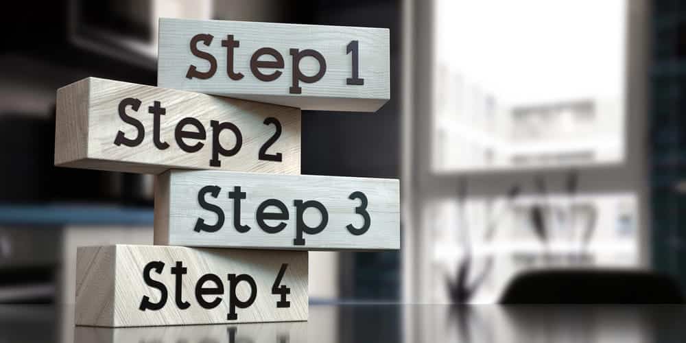 Image is of wooden blocks labeled Step 1 through Step 4, representing the legal stages that follow a drug arrest in Aiken.