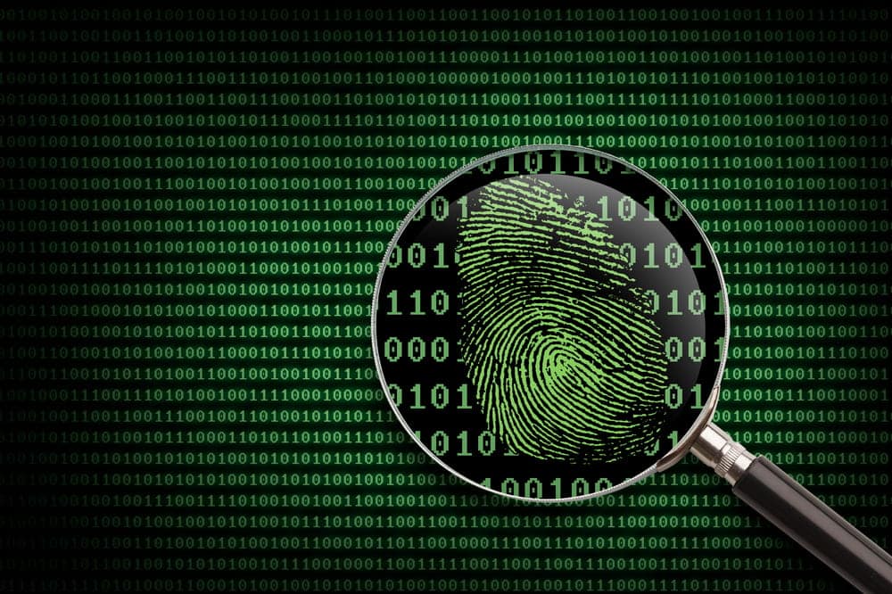 Image is of a fingerprint displayed beneath a magnifying glass over digital code, concept of an Aiken cyber crimes lawyer analyzing digital forensic evidence.