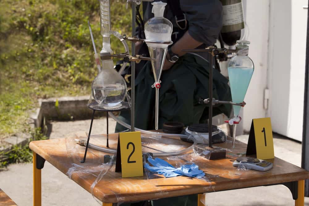 Image is of investigators examining suspected drug manufacturing equipment and evidence, concept of an Aiken drug manufacturing lawyer reviewing forensic evidence in a criminal case.
