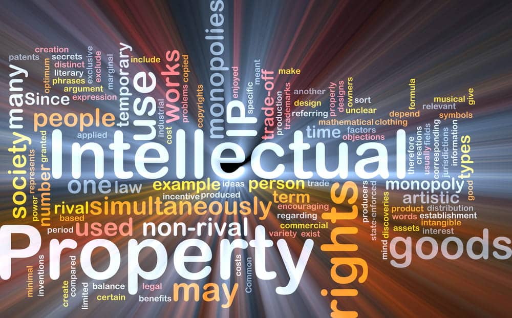 Image is of an intellectual property concept with keywords related to patents, copyrights, trademarks, and trade secrets, concept of an Aiken intellectual property theft lawyer handling intellectual property crime cases.