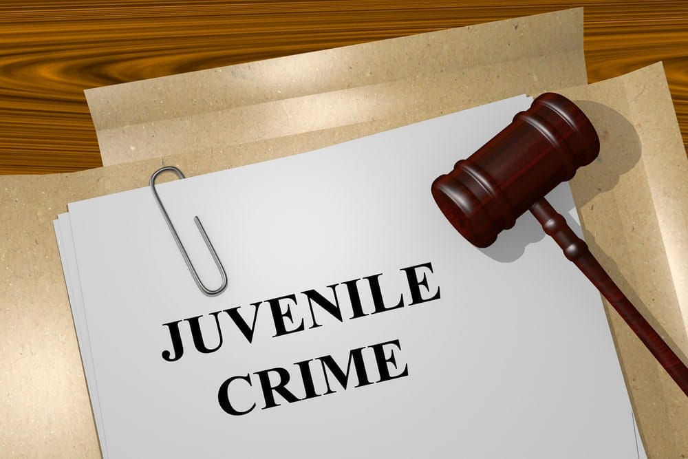 Image is of a juvenile crime case file with a gavel placed on legal documents, concept of a juvenile criminal defense lawyer preparing a defense strategy for a young client.