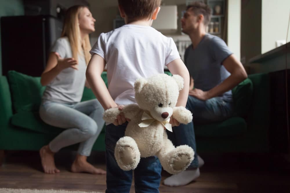 Image is of a child holding a teddy bear while parents argue in the background, concept of an Aiken mediation lawyer helping families resolve conflicts involving children through mediation.