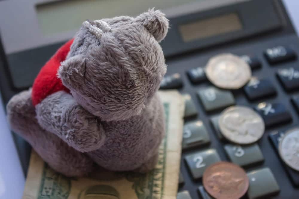 Image is of a teddy bear, calculator, and money, concept of child support payments and financial calculations.