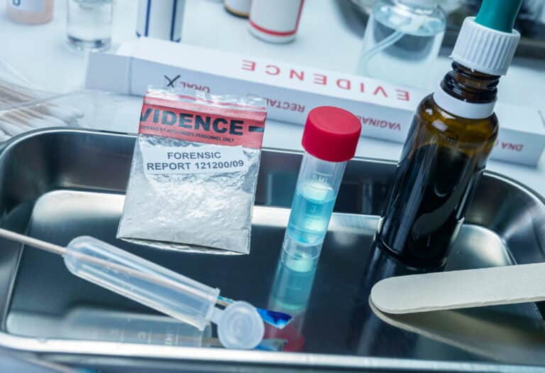 Image is of forensic evidence and laboratory testing materials, showing how testing can affect drug cases in Aiken.