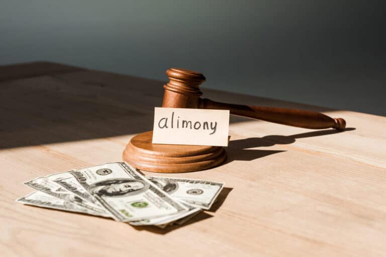 Image is of a gavel beside money and an alimony sign, concept of alimony in South Carolina and court-ordered support.