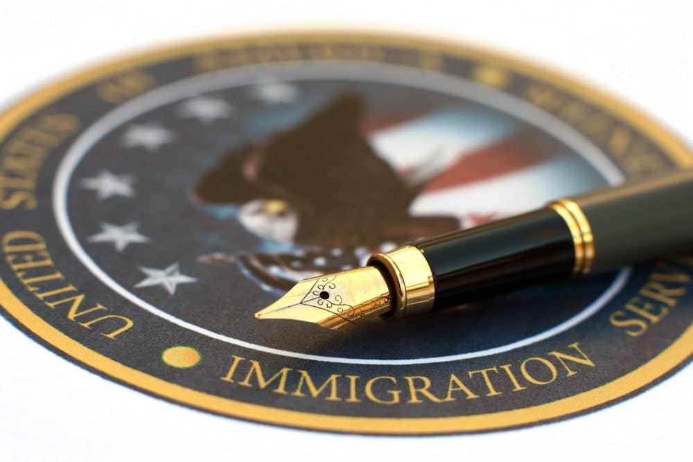 Image is of a pen resting on a U.S. immigration seal, representing immigration issues connected to domestic violence cases.